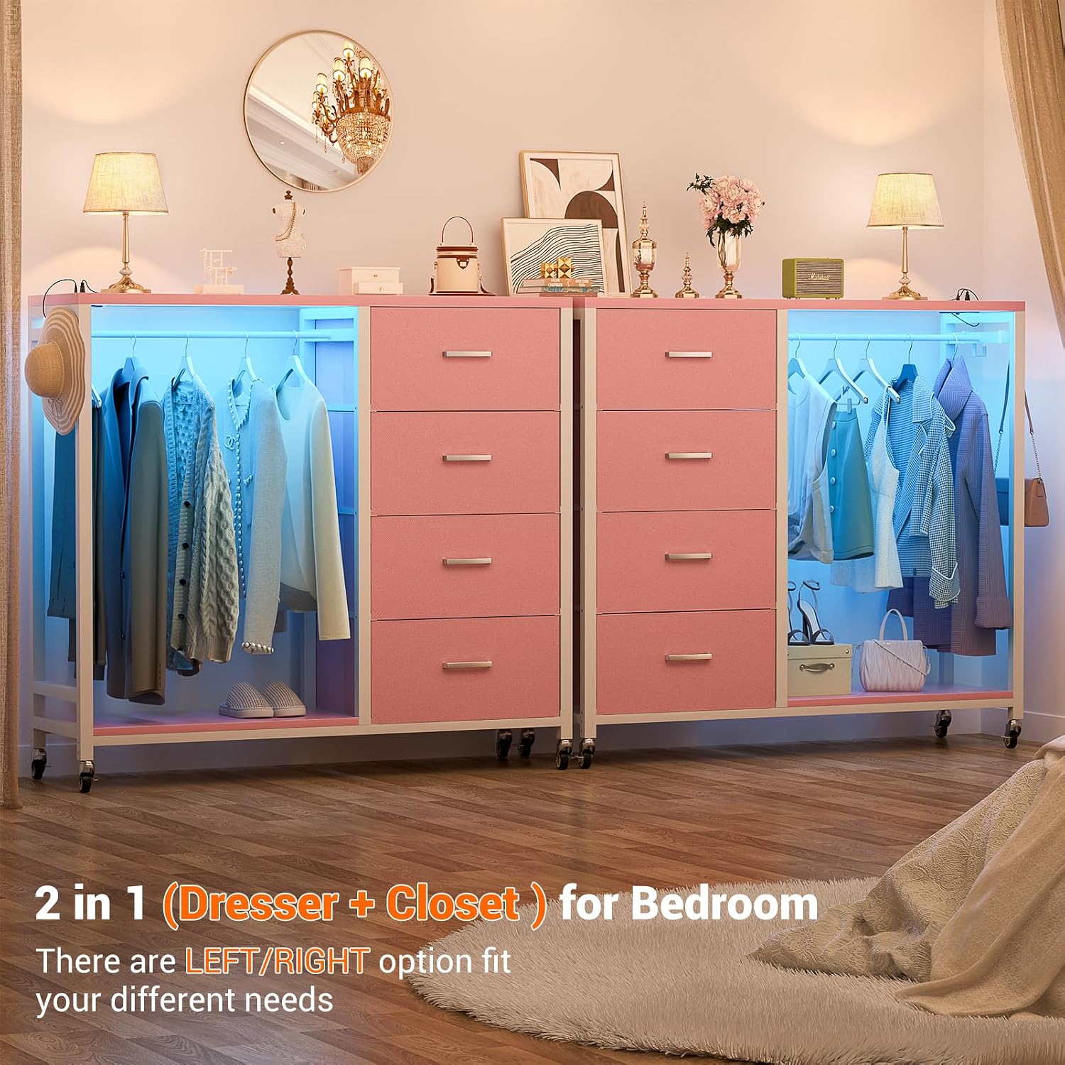 LED Garment Rack with Storage Drawers