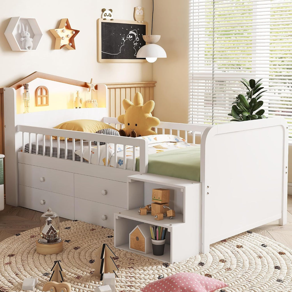 Twin House Daybed with LED & Drawers White