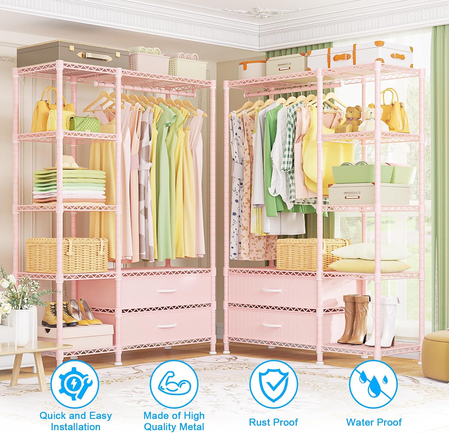 Garment Rack with Fabric Drawers Pink