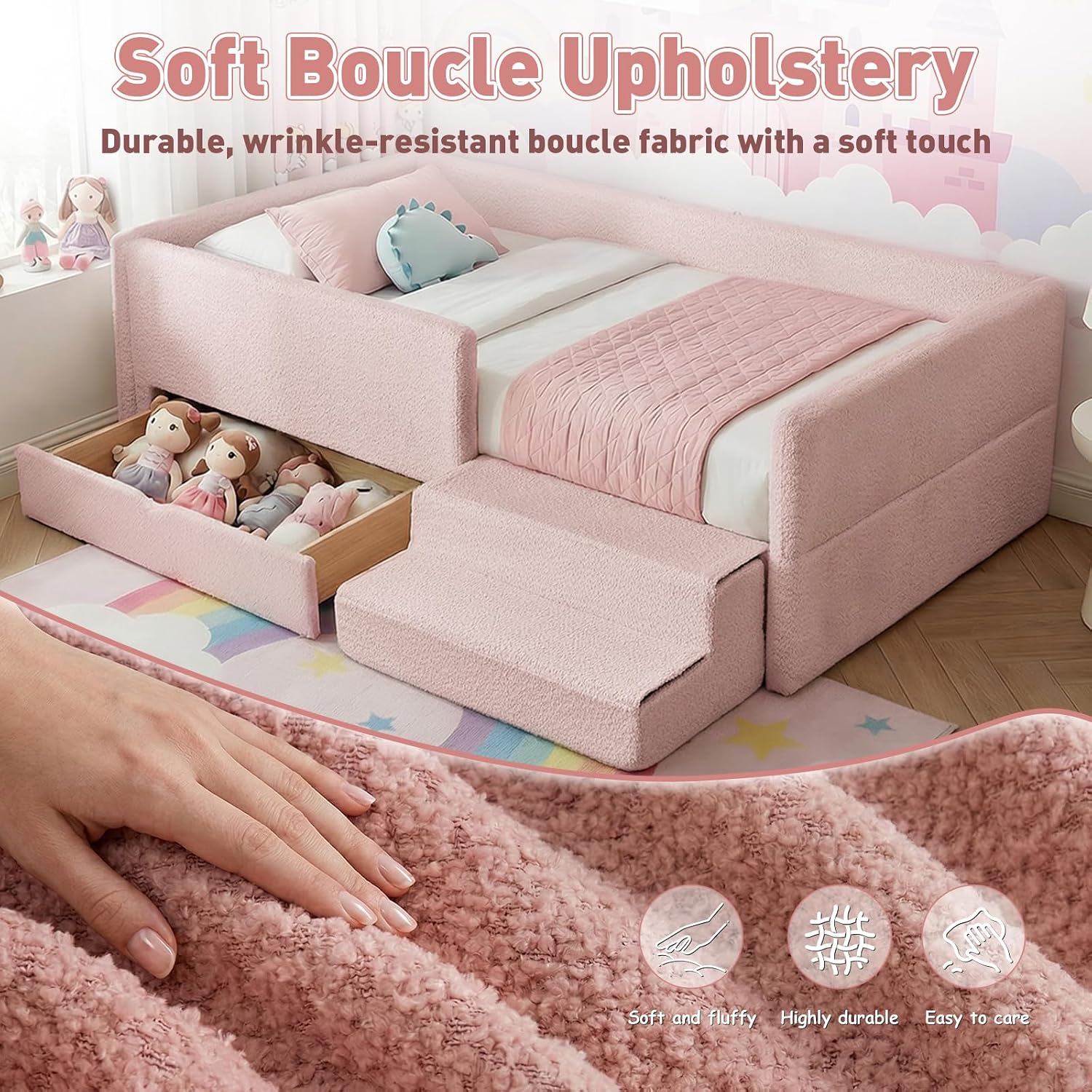Kids Bed with Drawer Pink