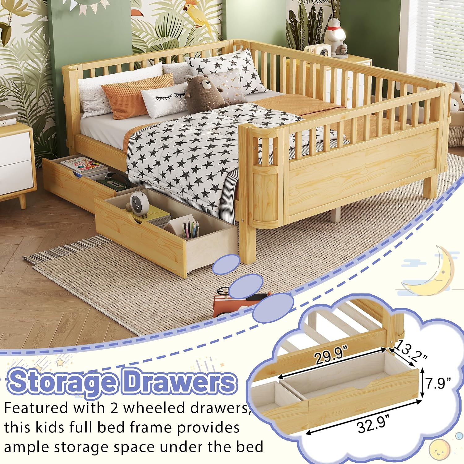Full Bed with Drawers Natural